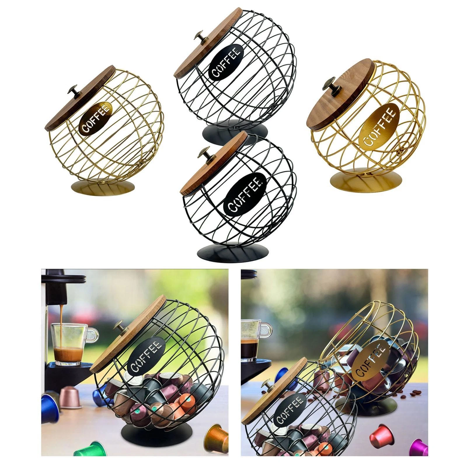 Coffee Pod Holder with Wooden Lid Iron Wire Modern Desktop Counter Decor Sturdy