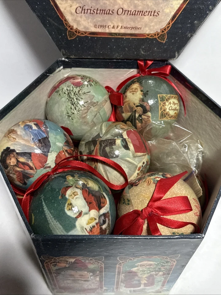 Doce adornos navideños antiguos Papá Noel Decoupage C&F Enterprises 1995 Foto 2 de 4
