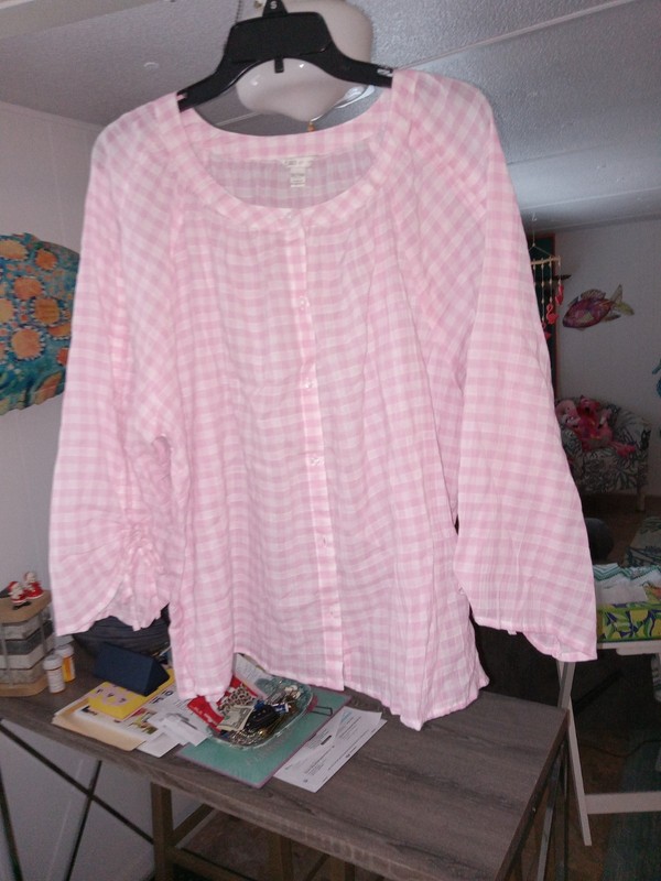 Cato Est. 1946 women's pink & white checked gathered 3/4 sleeve blouse. Sz 18/20