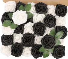 MACTING 30PCS Artificial Flower Roses Black 30PCS, 15pcs + White 