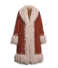 Superdry Long Embroidered Afghan Coat UK 10 Rust Boho Hippie Faux Fur Mongolian 