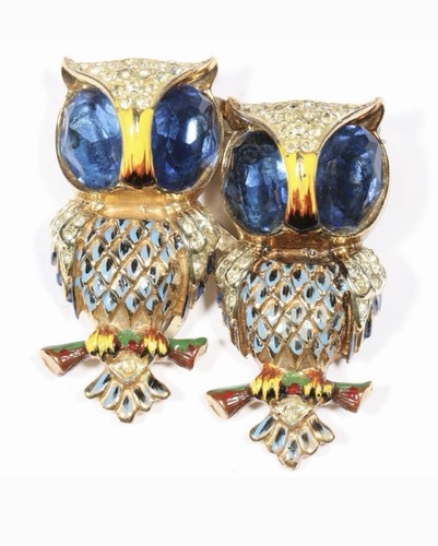 Coro Craft Hoots Owl Duette Brooch Dress Clips Sterling Vermeil Adolph Katz 1944
