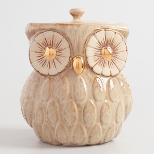 Owl Cookie Jar ~ Ceramic w/Gold Metallic Reactive Glaze, Airtight Lid, Textured  - Picture 1 of 2