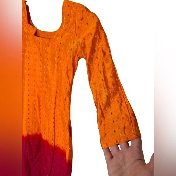 S Orange & Pink Polka Dot Long Sleeve Kurti Tunic Dress eBay