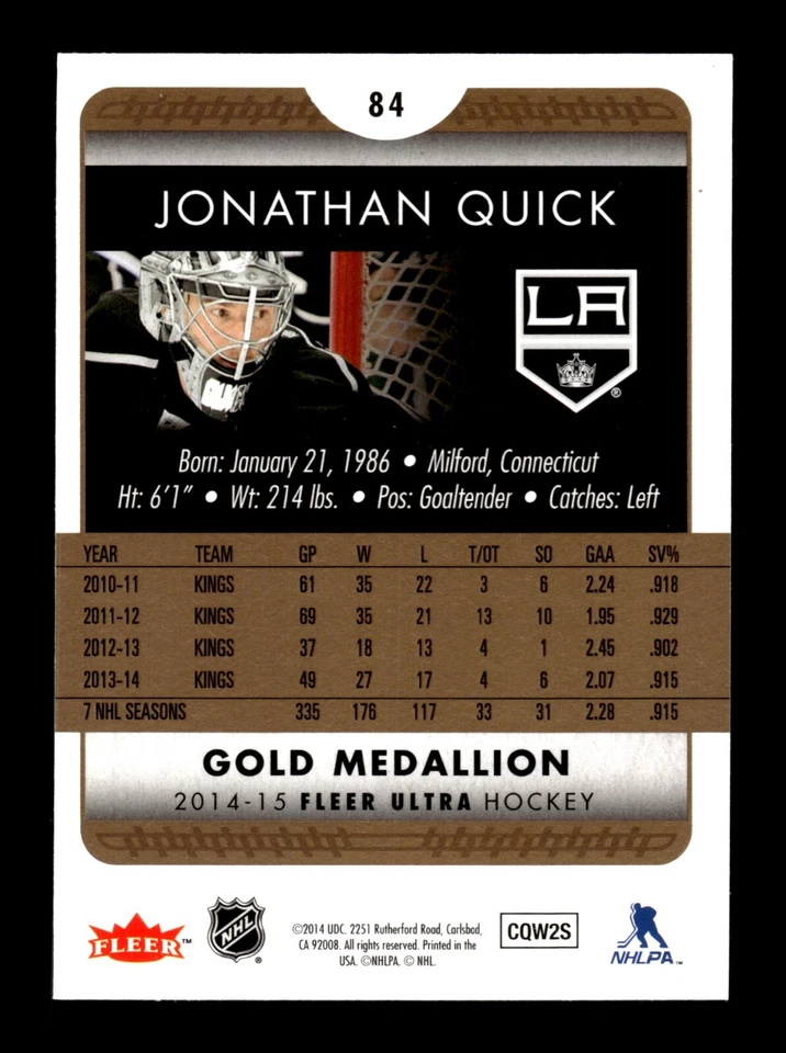 5-03-12 PWE Stock Photo . 2014-15 fleer ultra gold medallion #84 jonathan quick - Image 2 of 2