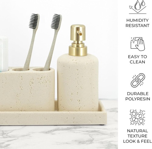 Beige Bathroom Accessories Set 4 Pcs - Toothbrush Holder, Soap Dispenser, Va - Picture 4 of 7