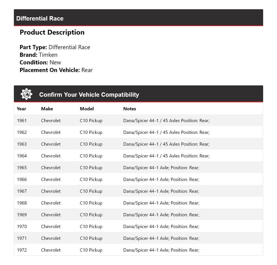 For 1961-1972 Chevrolet C10 Pickup Differential Race Rear Timken 1962 1963 1964 - Image 2 of 4