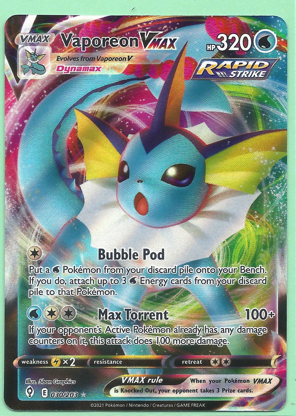 VAPOREON VMAX 030/203- EVOLVING SKIES POKEMON -ULTRA RARE-HOLO- MINT