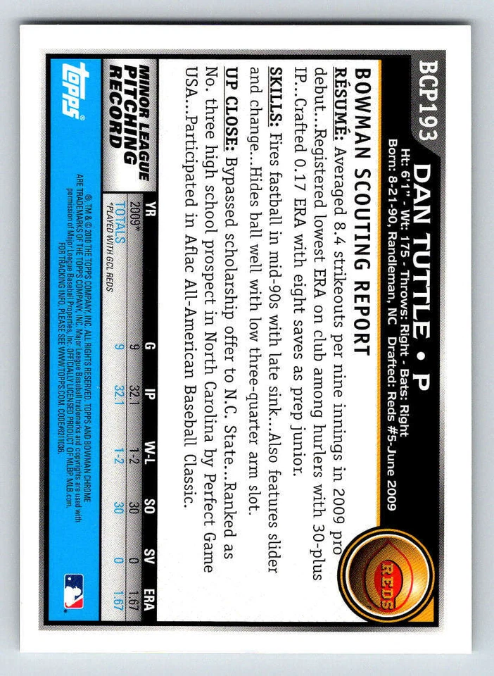 2010 Bowman Chrome Prospects #BCP193B Dan Tuttle AU (ref 191612) - Image 2 of 2