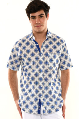 Bohio Mens 100% Cotton White/Blue Nautical Print Summer Shirt (S 3X)  MCS1800