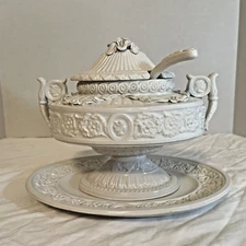 Vintage Italian Ardalt Fiori-Bianco Covered Tureen Bowl, Ladle, Plate. 4 Pcs