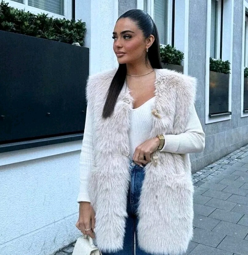 ZARA WOMEN NWT FAUX FUR GILLET VEST BEIGE TOGGLES 4360/042 SZ M