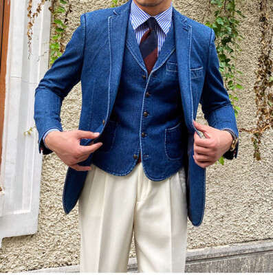 Denim Men Suits Single-Breasted Jacket Notch Lapel Blazer