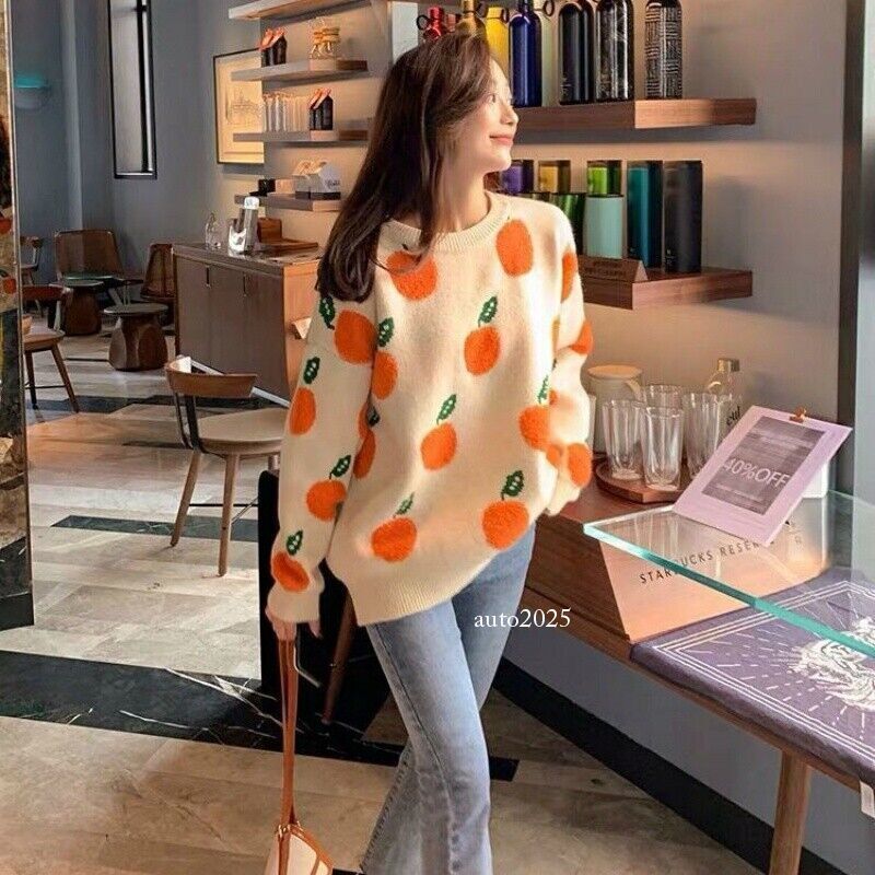 Women Knit Pullover Fruit Jacquard Sweater Jumper Casual