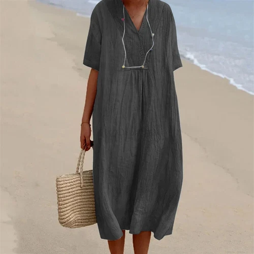 Ladies Cotton Linen V Neck Midi Dress Women Short Sleeve Loose Long Dress US - Bild 4 von 26