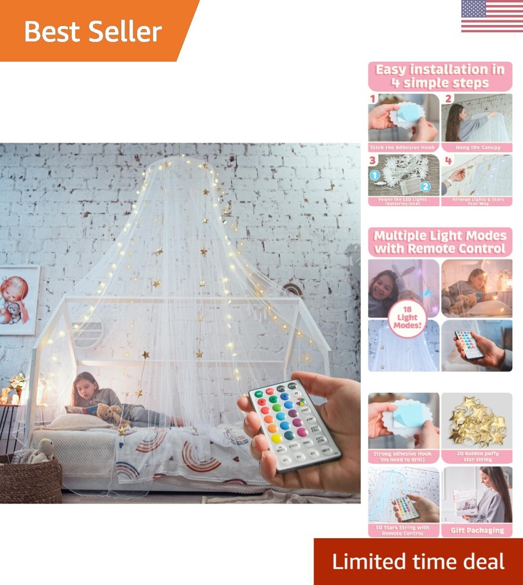 Girls Room Canopy Bed with Fairy Lights White Hanging Canopy