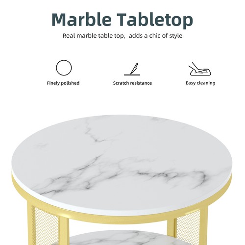 2 Tiers Solid Marble Top Round Coffee Table Lounge Living Room Modern Gold Legs - Picture 8 of 12