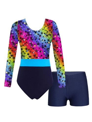 Kids Girls 2 Piece Gymnastics Outfit Junior Ballet Dance Leotard with Shorts - Picture 23 of 84