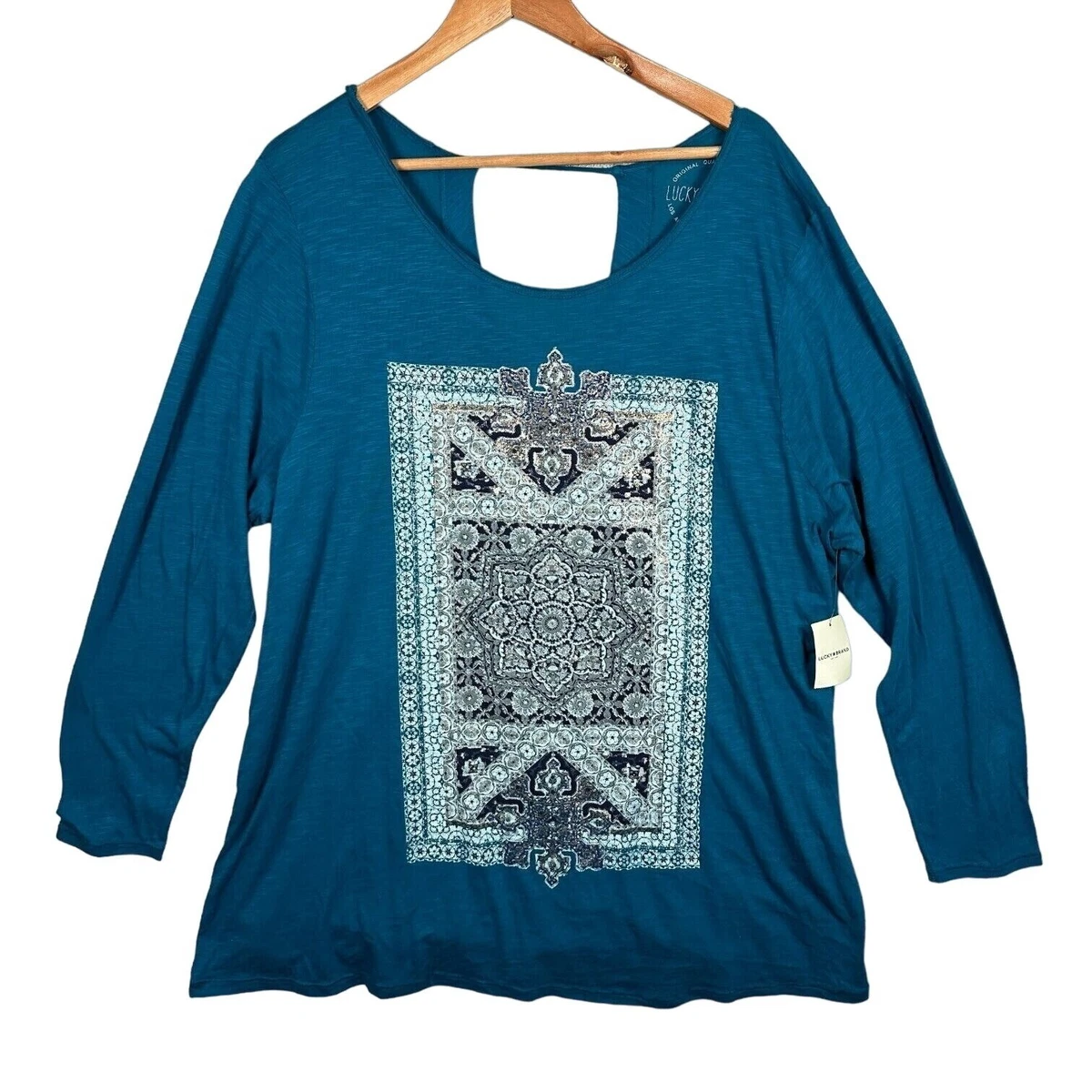 Womens Lucky Brand 2X Blue Top Shirt Long Sleeve Boho Print Criss Cross  Back NWT