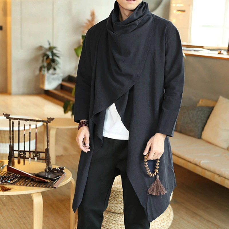 Mens Long Jacket Shawl Cardigan Irregular Cloak Solid Color Long
