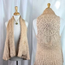Blush Pink Nude Fuzzy Eyelash Knit Open Cardigan Fairy Boho Sequins Crochet M