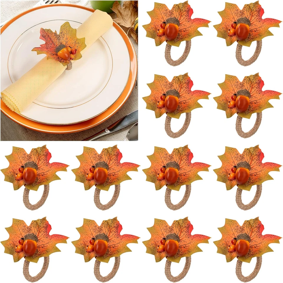 Thanksgiving Napkin Rings Set of 12- Fall Napkin Rings Holders with Harvest Acor