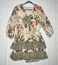 Mixed Print Floral Leopard Mini Dress Medium Tiered Ruffle Tie Front Boho