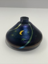 RARE 1984 LUNDBERG STUDIOS IRIDESCENT BLUE ART GLASS Small VASE W/ Moon, Stars