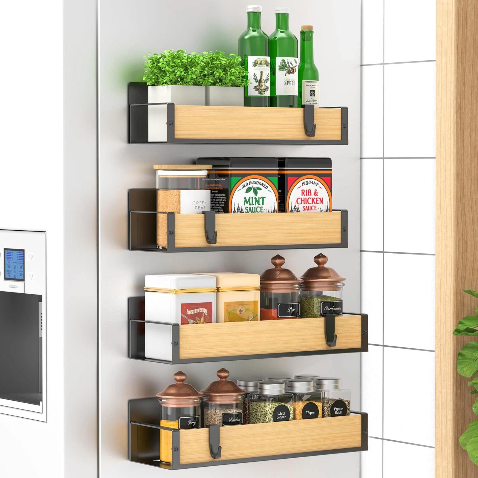 Magnetic Spice Rack Organizer for Fridge & Oven - 4 Pack Wood Storage