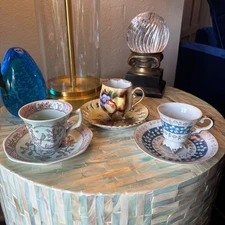 Three Porcelain Teacup & Saucers Calyx Ware England, Fruit Design + Floral Style