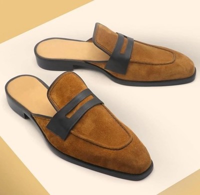 Handgefertigte neue Leder-Pantoletten Halbschuhe, braune Wildleder-Slipper, gepolsterte Innensohle UK