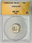 1936-S Silver Mercury Dime, ANACS MS-65 FB (Full Bands)