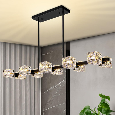Modern Black 10-Light Chandelier with Crystal Cube Shade for Dining & Living Roo