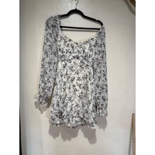Thirty Thirty LA Floral Mini Dress XL White Black Long Sleeve Ruffle Tie Back