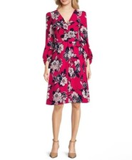 Eliza J Floral Wrap Long Sleeve Dress Size 10 Navy Hot Pink Feminine Romantic