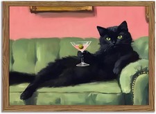Funny Black Cat Martini Wall Art Eclectic Whimsical Cat Wall Decor Cocktail B...