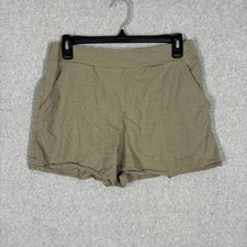 Linen Shorts Juniors Medium Pull On Elastic Waist Pockets Army Olive Casual