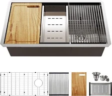 32"x18" Workstation Under Mount Kitchen Sink Single Bowl T304 Stainless Steel