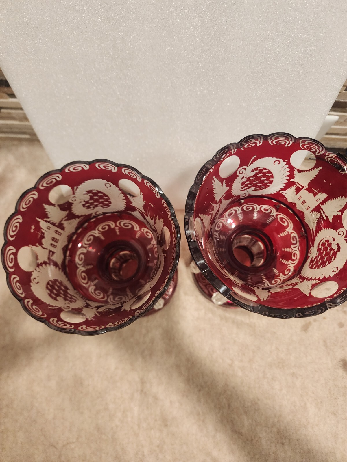 VINTAGE Egermann Pair of Bohemian Cut to Clear Red Glass Candle Mantle