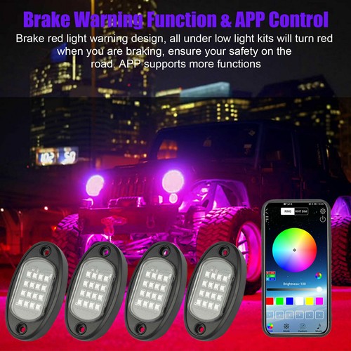 4pcs RGB LED Rock Lights APP Control for UTV SUV Pickup RZR Trailer Motorcycle - Picture 7 of 14
