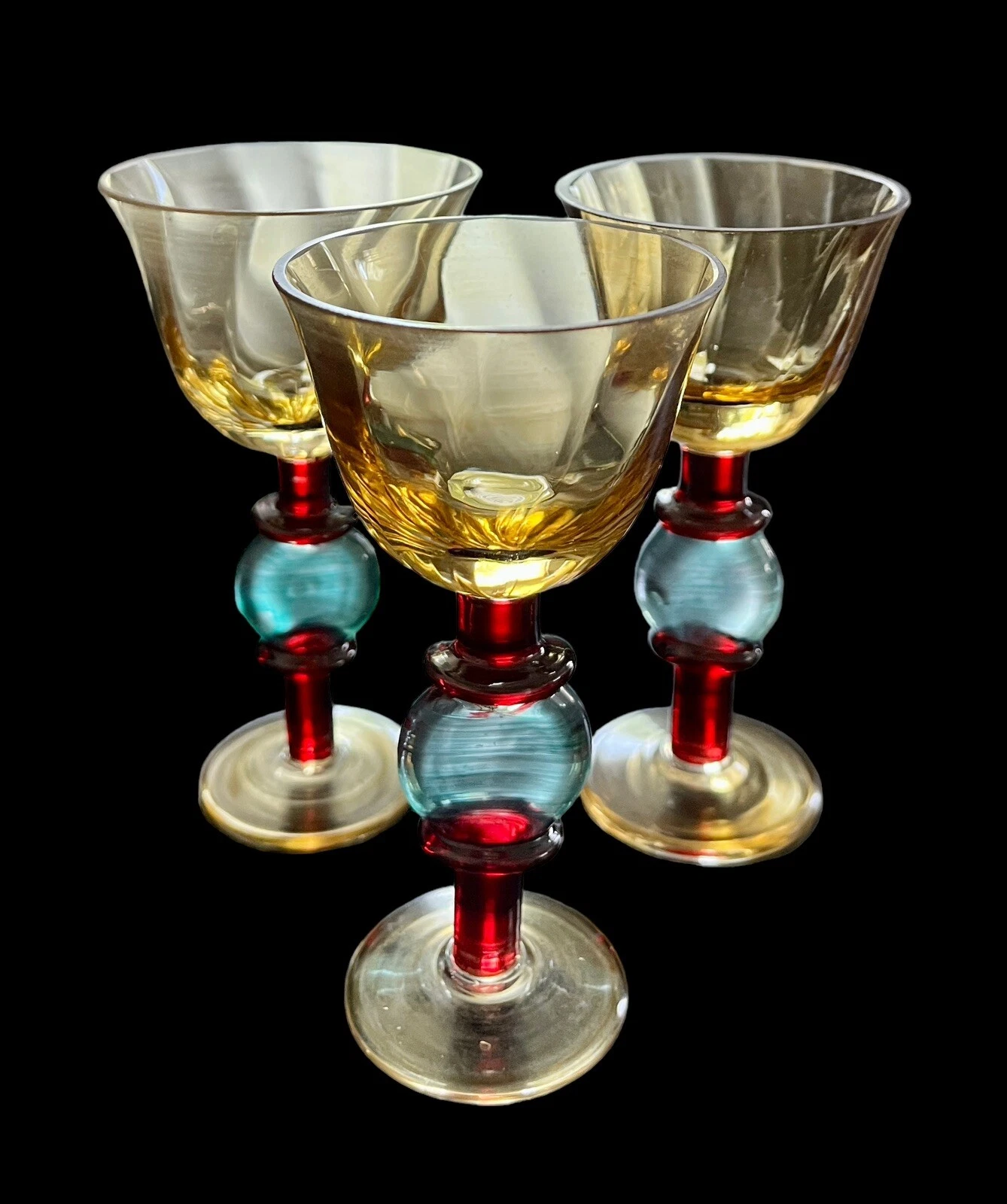 Set Of 3 Vintage Amber Crystal Cordial Hand Decorated Art Glasses 4 7 8” Tall