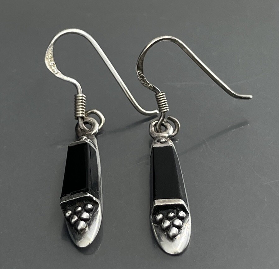MC Sterling Silver 925 Black Onyx Womens Pierced Dangle Earrings 1.5”