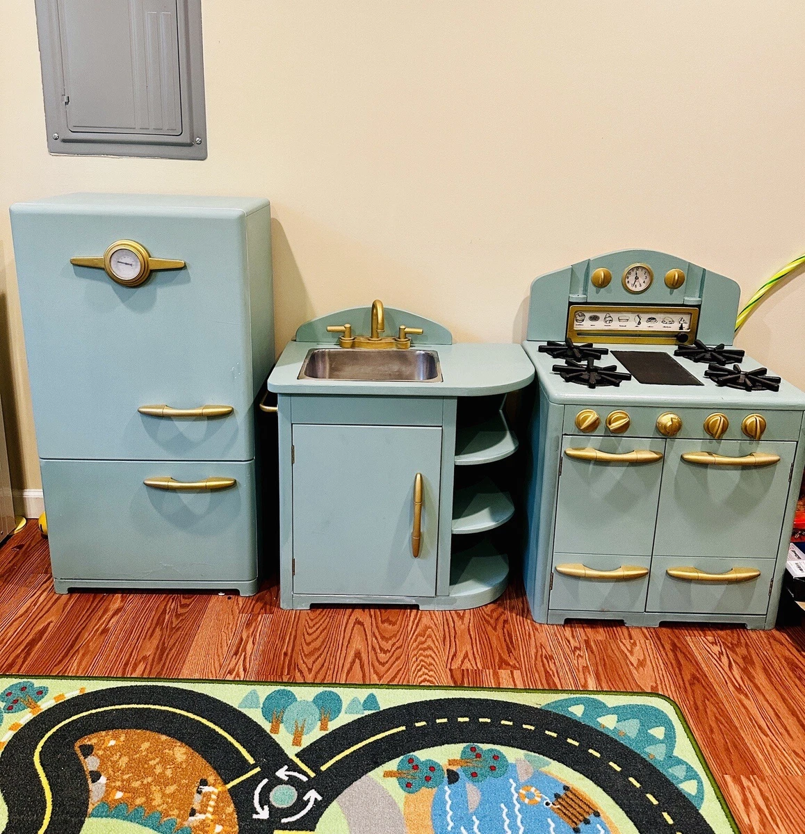 Pottery Barn Kids Child Greenish Retro PLAY KITCHEN Set Stove Refrigerator  Sink