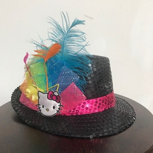 Hello Kitty Black Sequined Fedora Feathers Hat 6+ - Picture 2 of 4