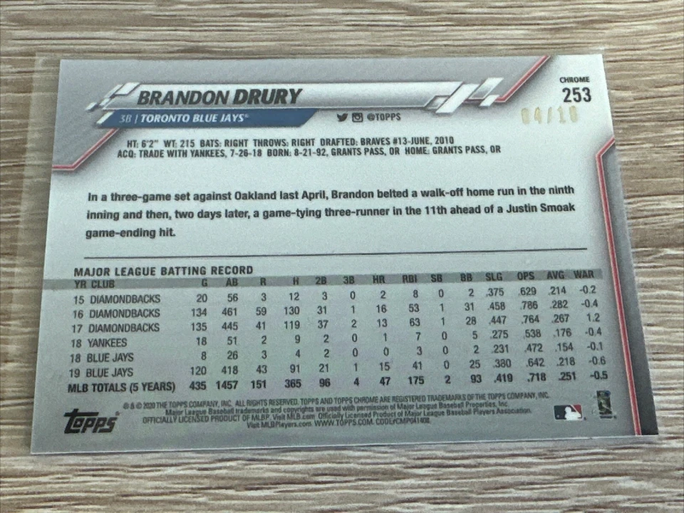 Tarjeta de béisbol Brandon Drury Ice Purple #/10 2020 Topps cromo zafiro Blue Jays Foto 2 de 2