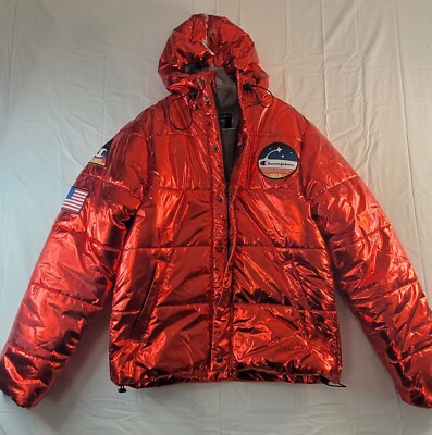 Champion X NASA Coat Mens Small Red Metallic Puffer Jacket Hood USA Flag  Space