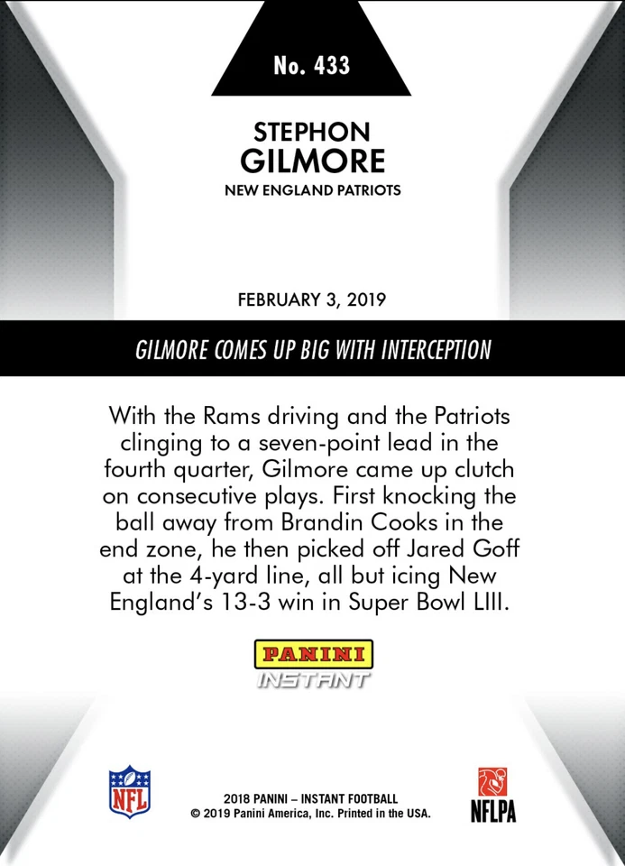 2018-19 STEPHON GILMORE COMES UP BIG WITH INTERCEPTION PANINI INSTANT CARD #433 - Image 2 of 2