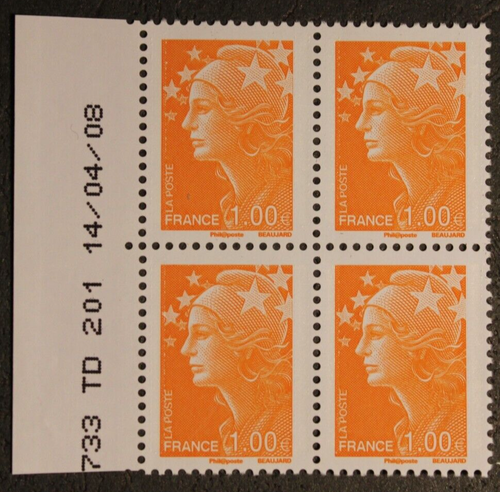 Bloc 4 timbres - Coin daté - Marianne de BEAUJARD 1,00€ -Neuf **- YT4235 - 2008