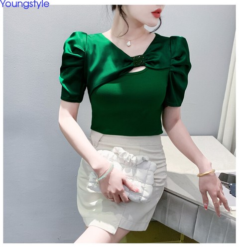 Korean Womens Puff Sleeve Beaded Summer Slim Party Cocktail Tops Blouse Shirts - Picture 8 of 20