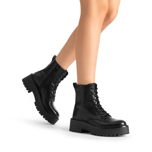 Women Combat Boots Low Heel Round Toe Lace Up Side Zipper Ankle Boots - Picture 7 of 27